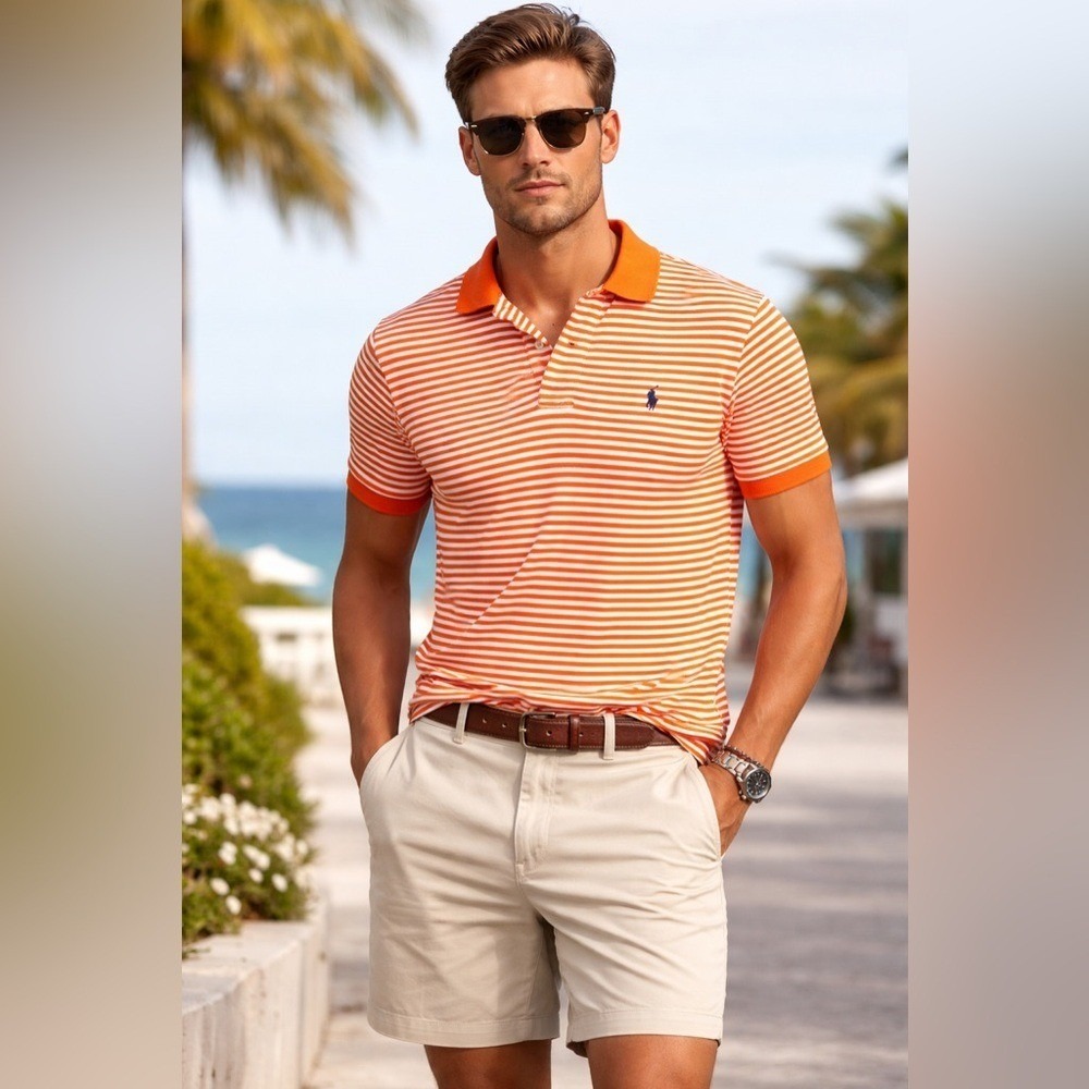 Polo Ralph Lauren Orange White Striped Polo Shirt Men's Large 100% Cotton Preppy